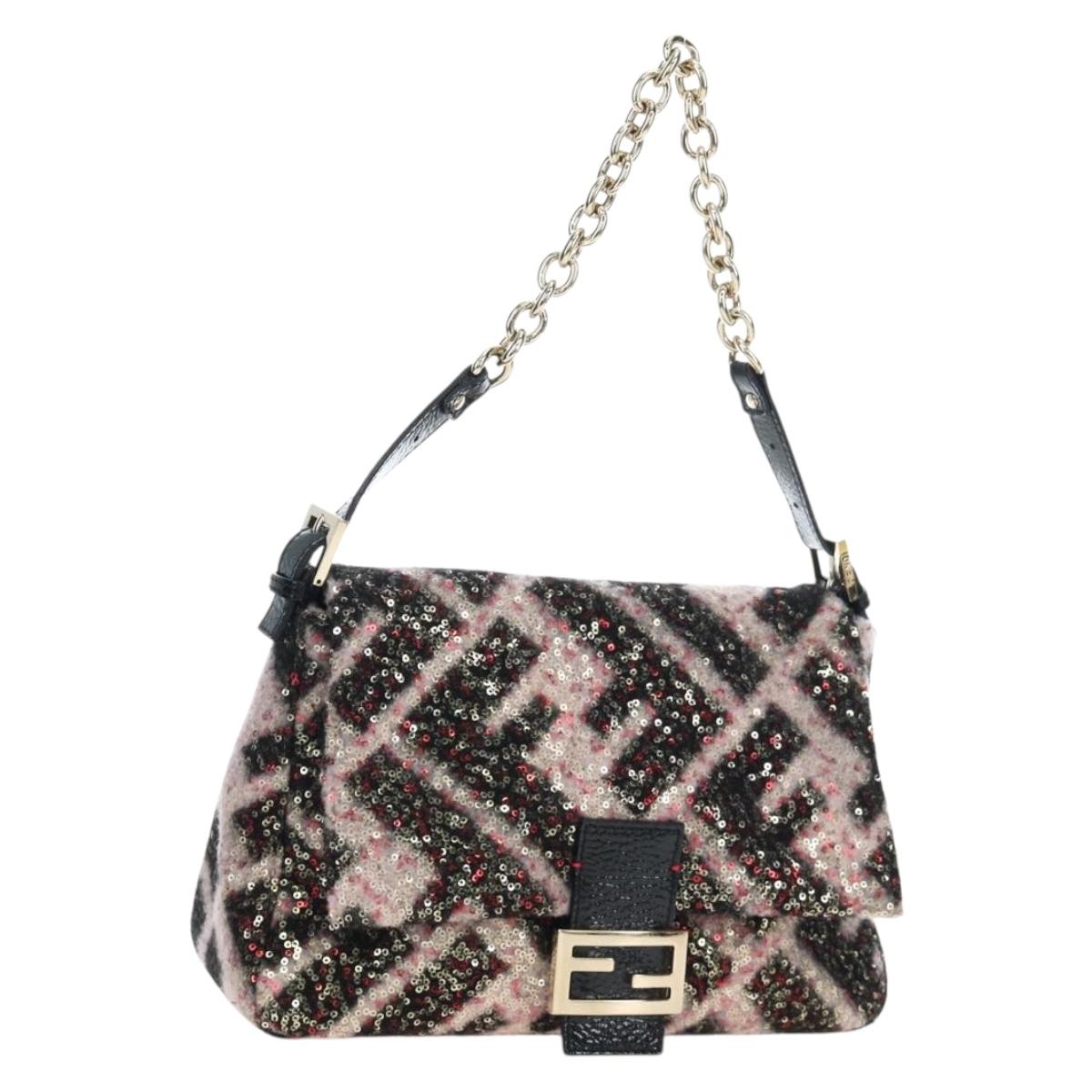 FENDI Chain Mamma Baguette Bag Wool Sequin Enamel Black Pink Auth am12104SM