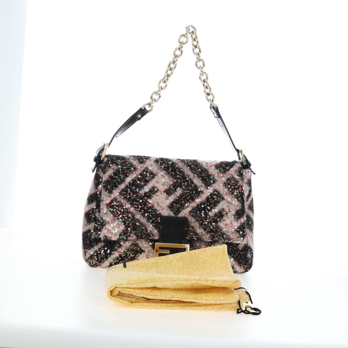 FENDI Chain Mamma Baguette Bag Wool Sequin Enamel Black Pink Auth am12104SM