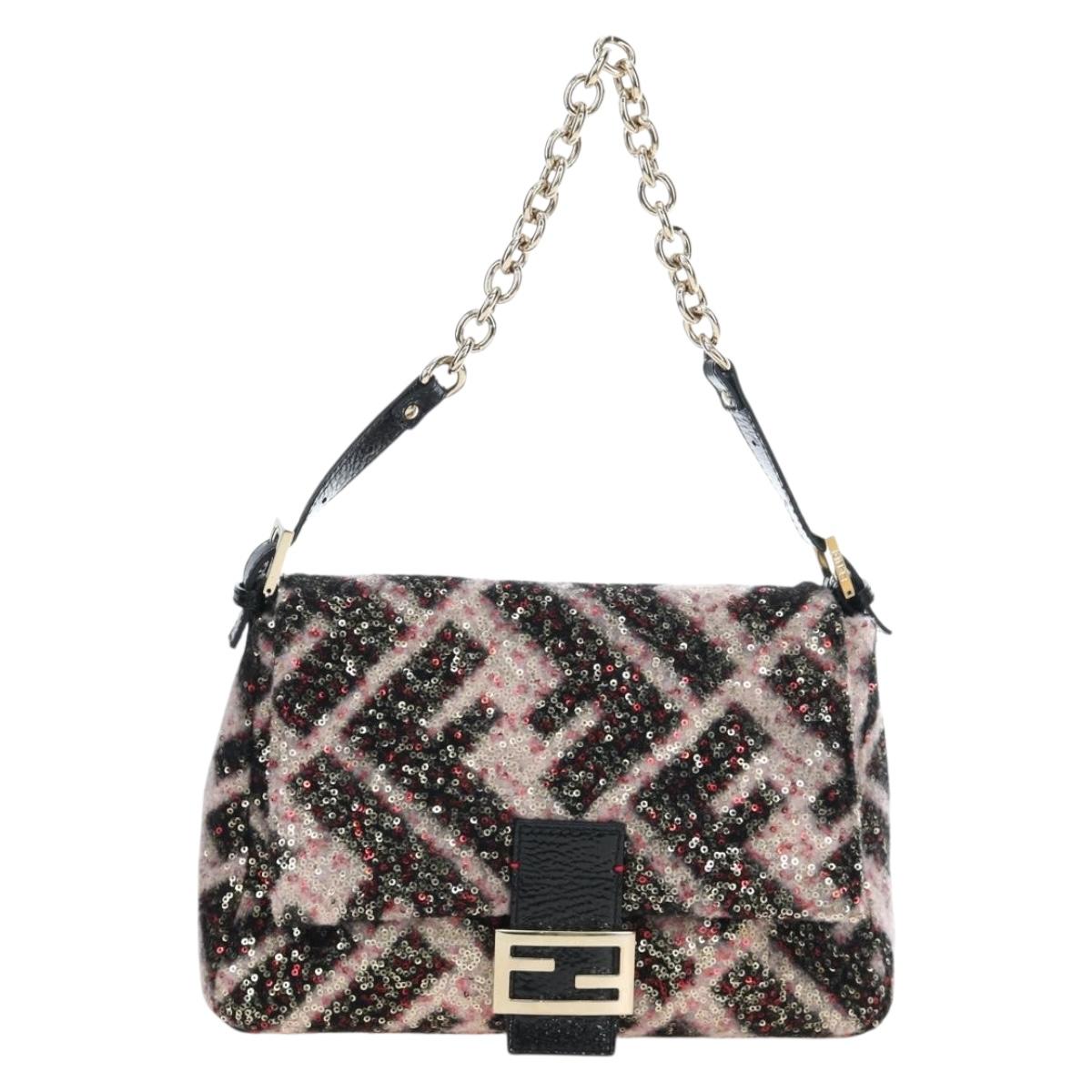 FENDI Chain Mamma Baguette Bag Wool Sequin Enamel Black Pink Auth am12104SM