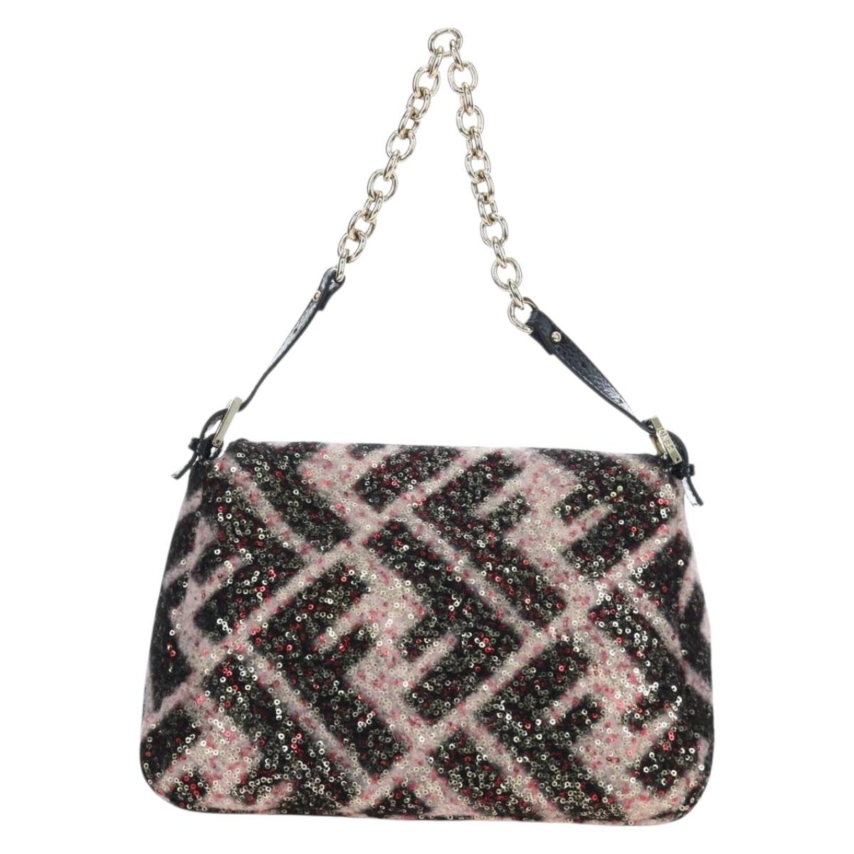 FENDI Chain Mamma Baguette Bag Wool Sequin Enamel Black Pink Auth am12104SM