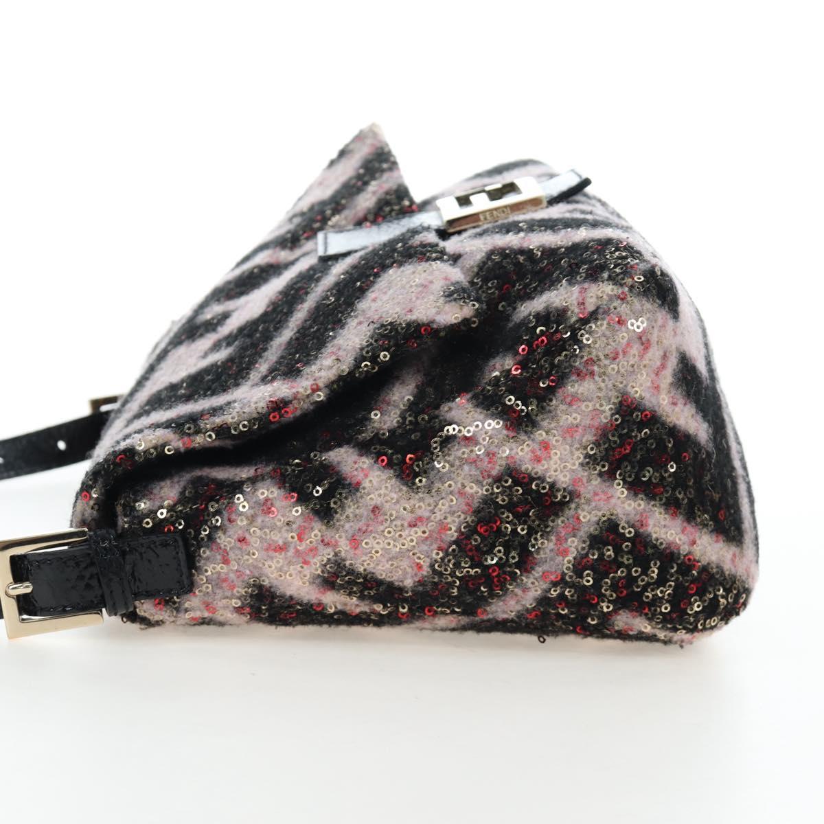 FENDI Chain Mamma Baguette Bag Wool Sequin Enamel Black Pink Auth am12104SM
