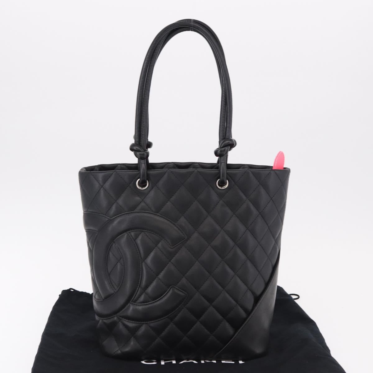 CHANEL Cambon Line Tote Bag Leather Black Silver CC Auth am12106M
