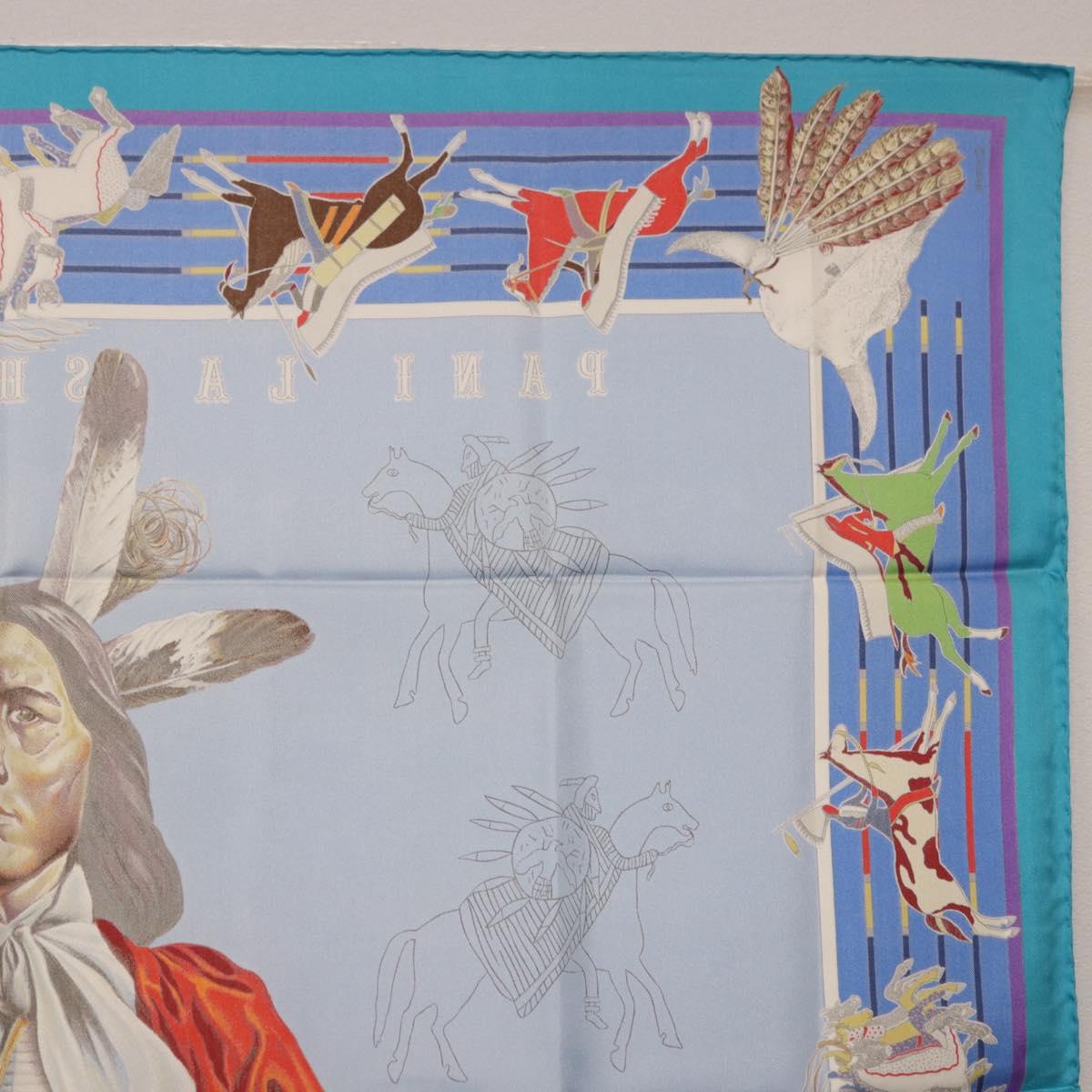 HERMES Carre 90 Scarf ”PANI LA SHAR PAWNEE” Silk Blue Auth am12110M