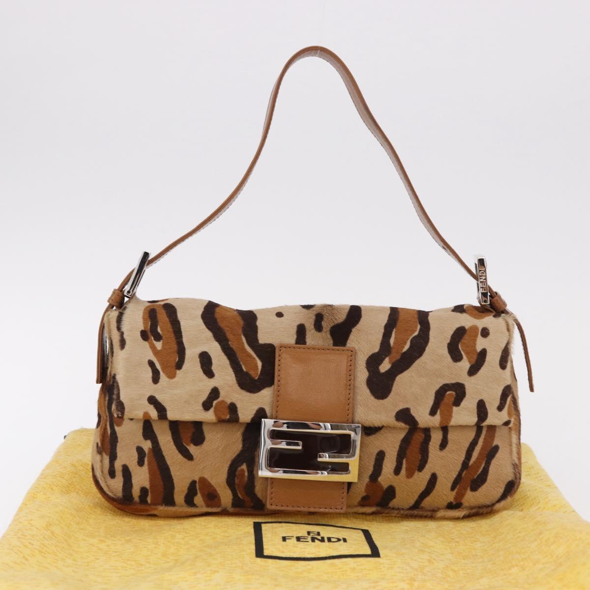 FENDI Leopard Mamma Baguette Bag Harako leather Beige Silver Auth am12111SM