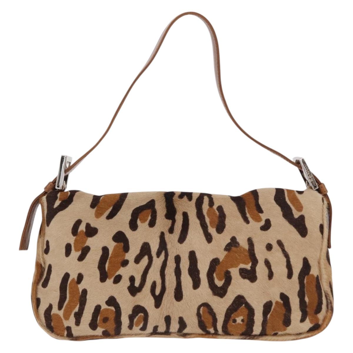 FENDI Leopard Mamma Baguette Bag Harako leather Beige Silver Auth am12111SM