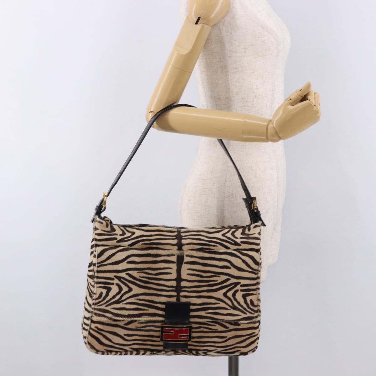 FENDI Zebra Pattern Mamma Baguette Bag Harako leather Beige Gold Auth am12114SAM