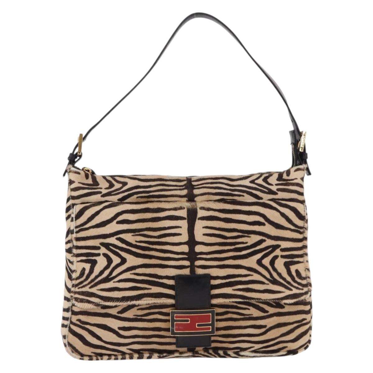 FENDI Zebra Pattern Mamma Baguette Bag Harako leather Beige Gold Auth am12114SAM