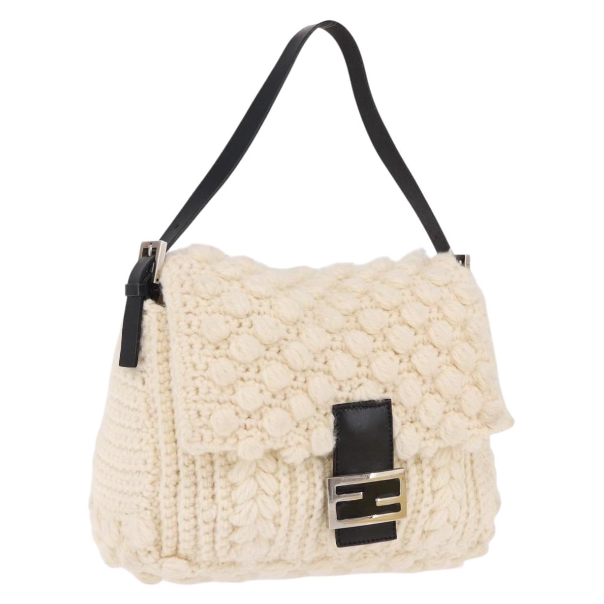 FENDI Mamma Baguette Shoulder Bag Wool White Black Auth am12117SAV