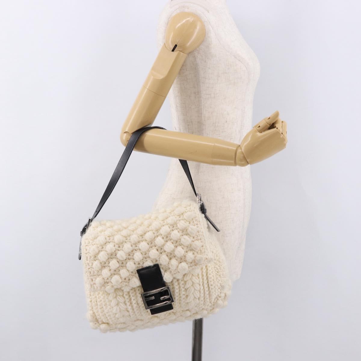FENDI Mamma Baguette Shoulder Bag Wool White Black Auth am12117SAV