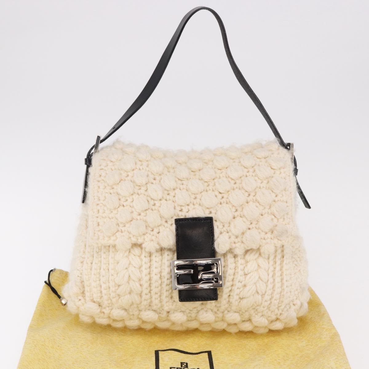 FENDI Mamma Baguette Shoulder Bag Wool White Black Auth am12117SAV