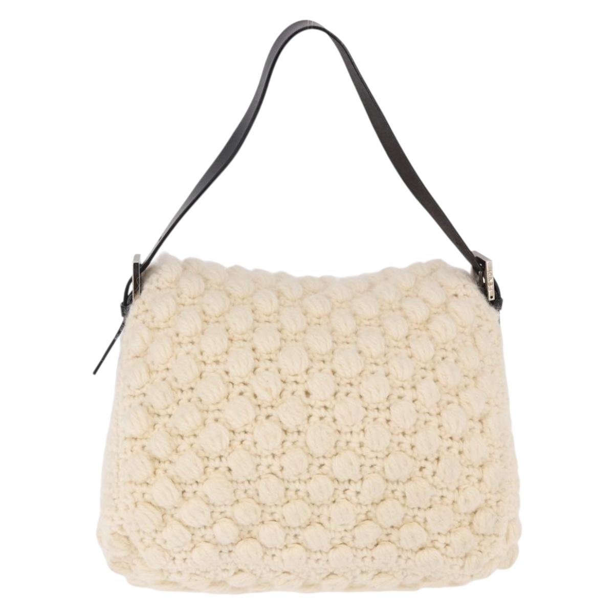 FENDI Mamma Baguette Shoulder Bag Wool White Black Auth am12117SAV