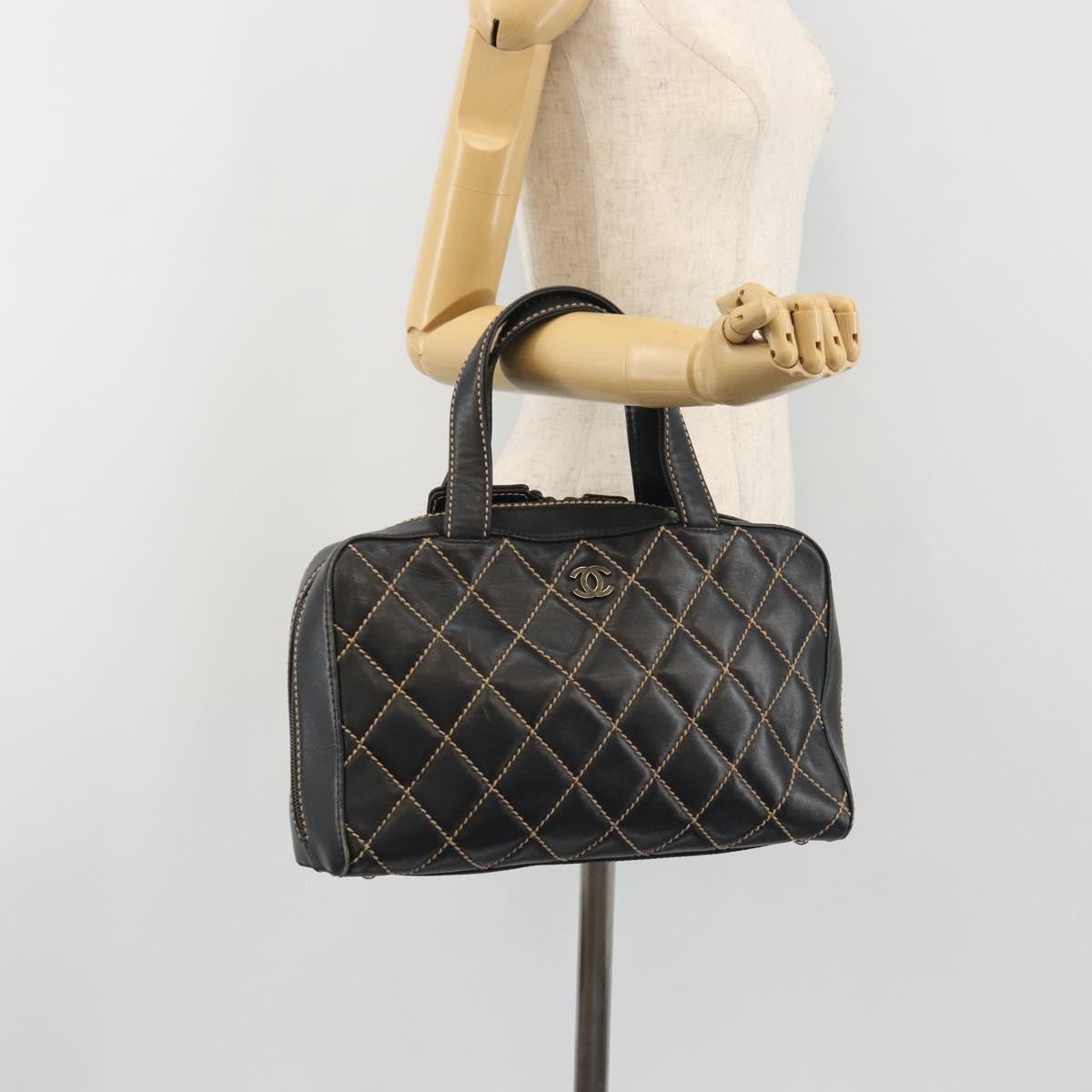 CHANEL Wild Stitch Hand Bag Leather Black CC Auth am12135