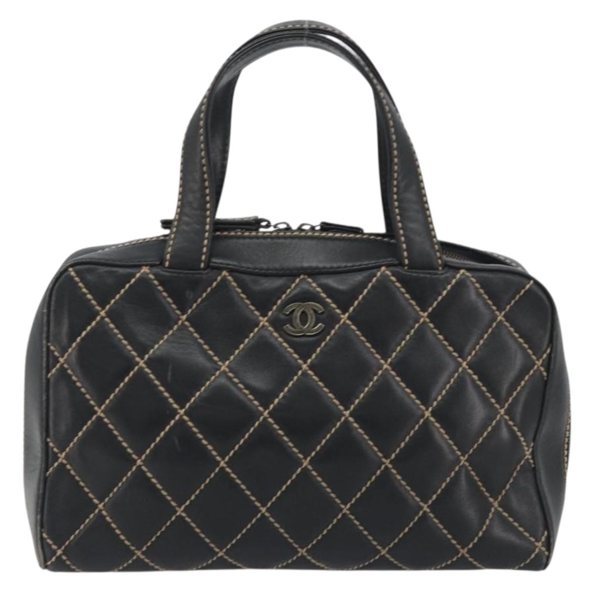 CHANEL Wild Stitch Hand Bag Leather Black CC Auth am12135