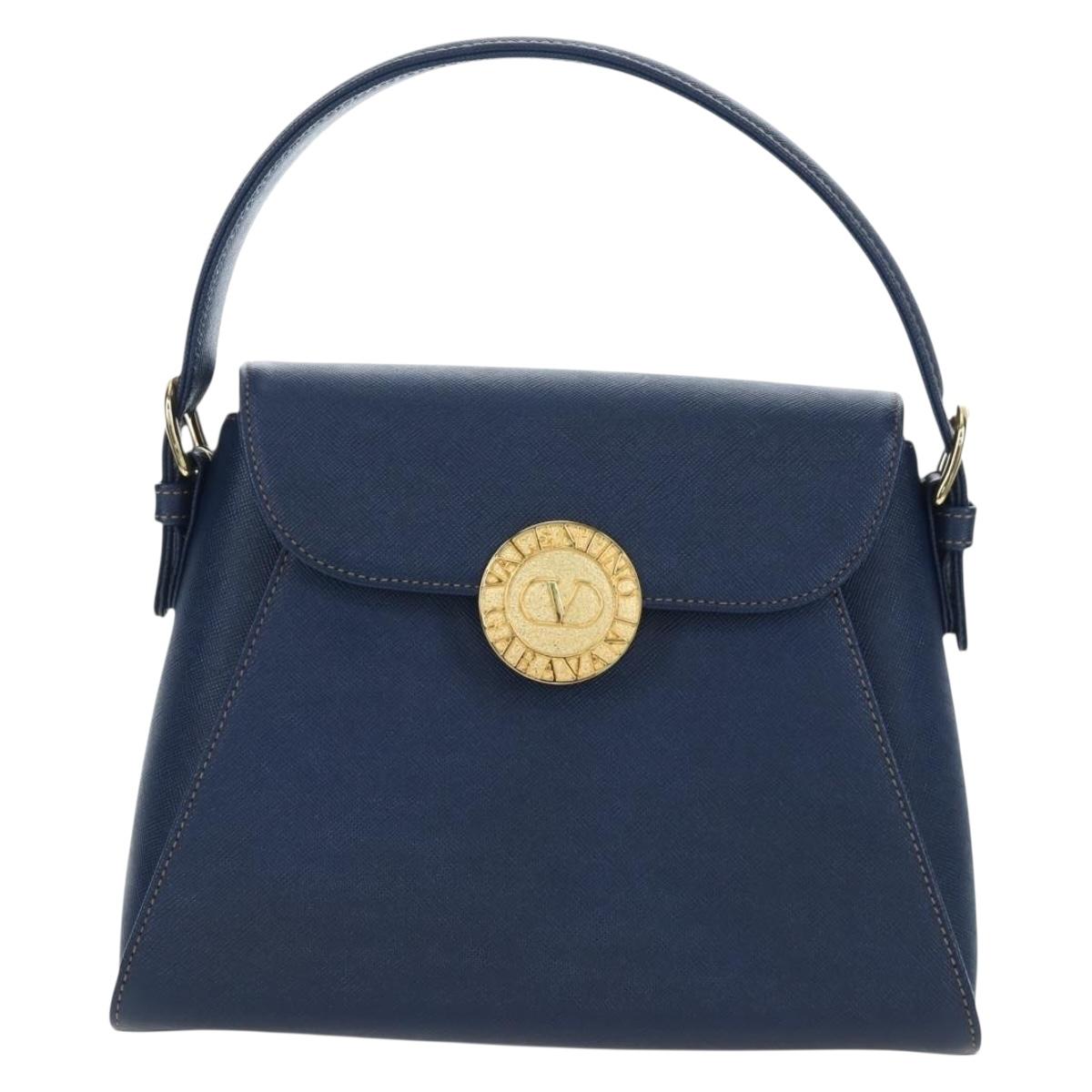 VALENTINO Hand Bag Leather 2way Blue Gold Auth am12139V