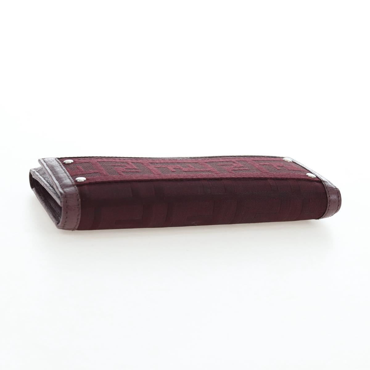 FENDI Zucca Canvas Trifold Wallet Nylon Leather Bordeaux Silver Auth am12141V