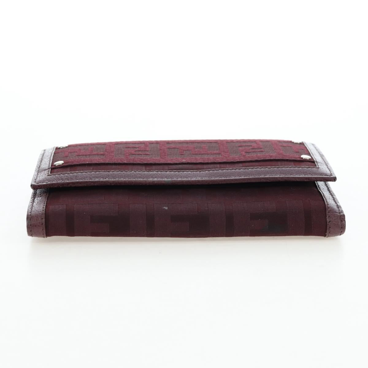 FENDI Zucca Canvas Trifold Wallet Nylon Leather Bordeaux Silver Auth am12141V