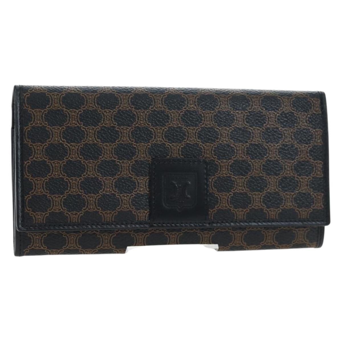 CELINE Macadam Canvas Kiss Lock Long Wallet PVC Leather Black Auth am12152V