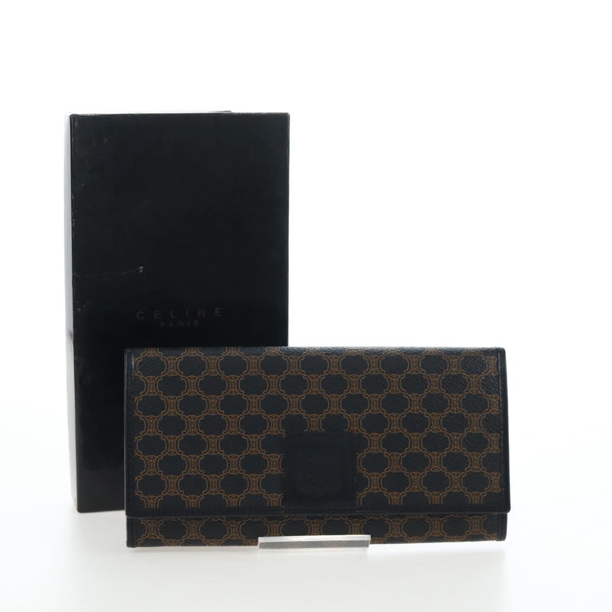 CELINE Macadam Canvas Kiss Lock Long Wallet PVC Leather Black Auth am12152V
