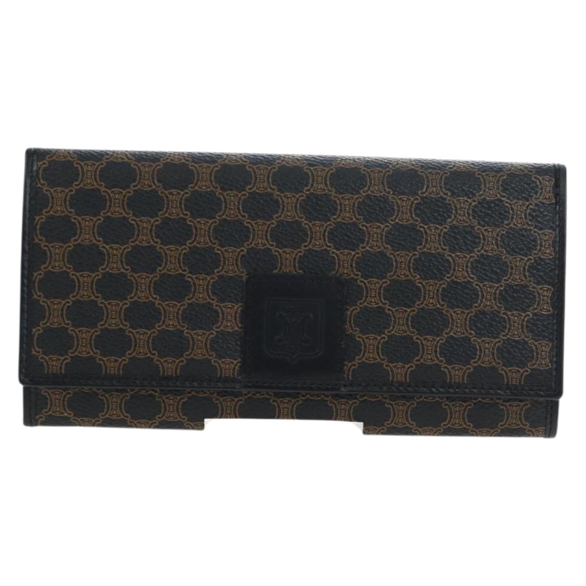 CELINE Macadam Canvas Kiss Lock Long Wallet PVC Leather Black Auth am12152V