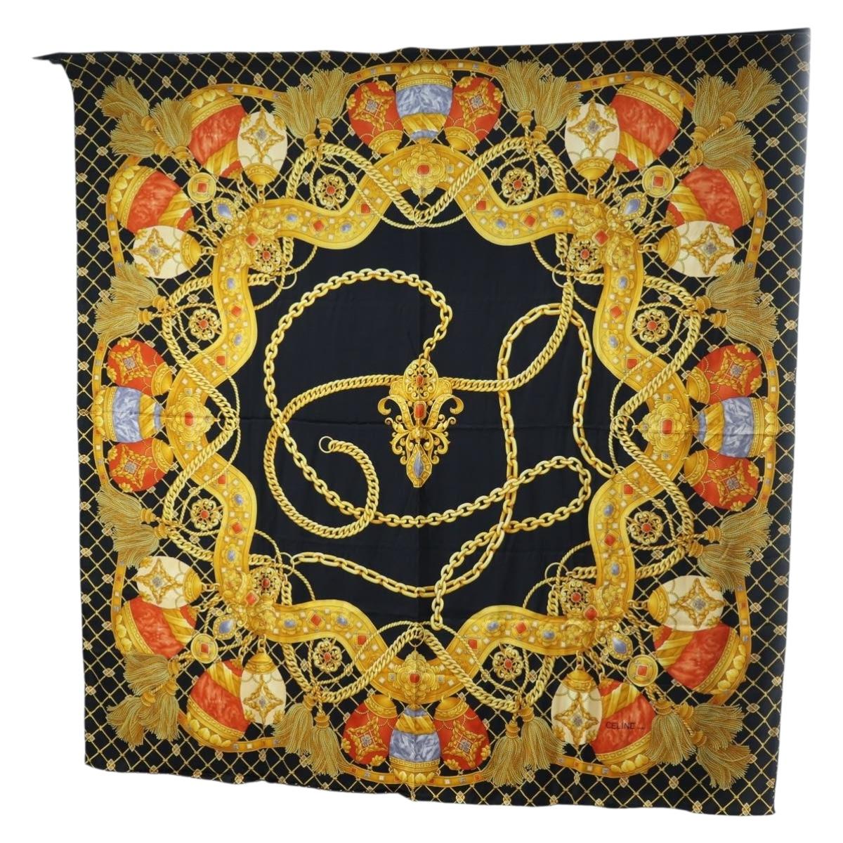 CELINE Large Jewelry Pattern Scarf Silk Black Yellow Auth am12158M