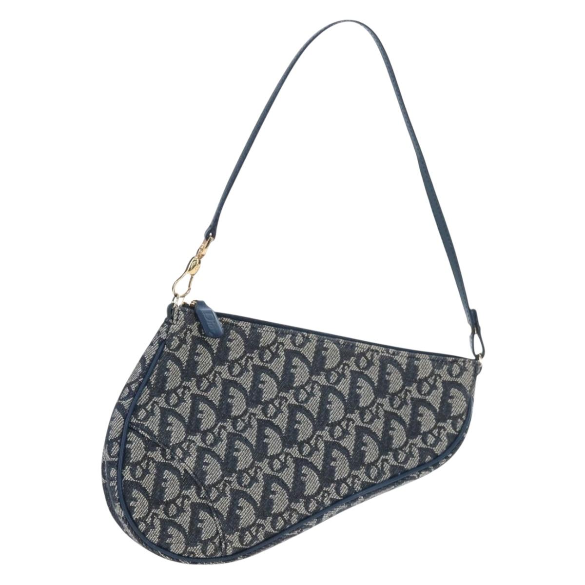 Christian Dior Trotter Canvas Saddle Pouch Navy Gold Auth am12177V