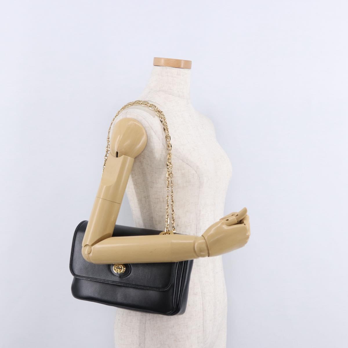 GUCCI Marina Chain Shoulder Bag Leather Black Gold 576421 Auth am12181M