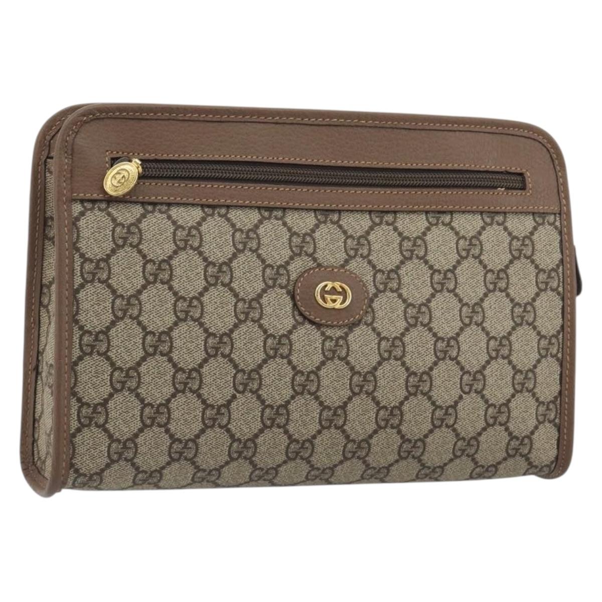 GUCCI GG Supreme Old Web Sherry Line Clutch Bag PVC Beige Gold Auth am12186V