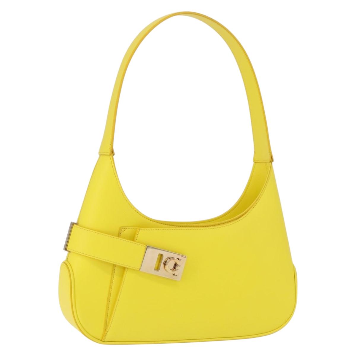 Salvatore Ferragamo Gancini Hand Bag Patent leather Yellow Gold Auth am12197M