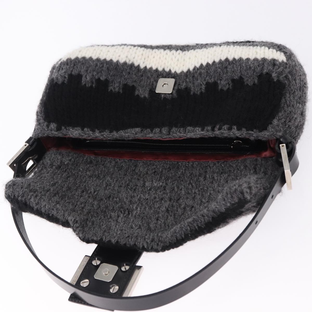 FENDI Mamma Baguette Shoulder Bag Wool Gray Silver Auth am12200SAM