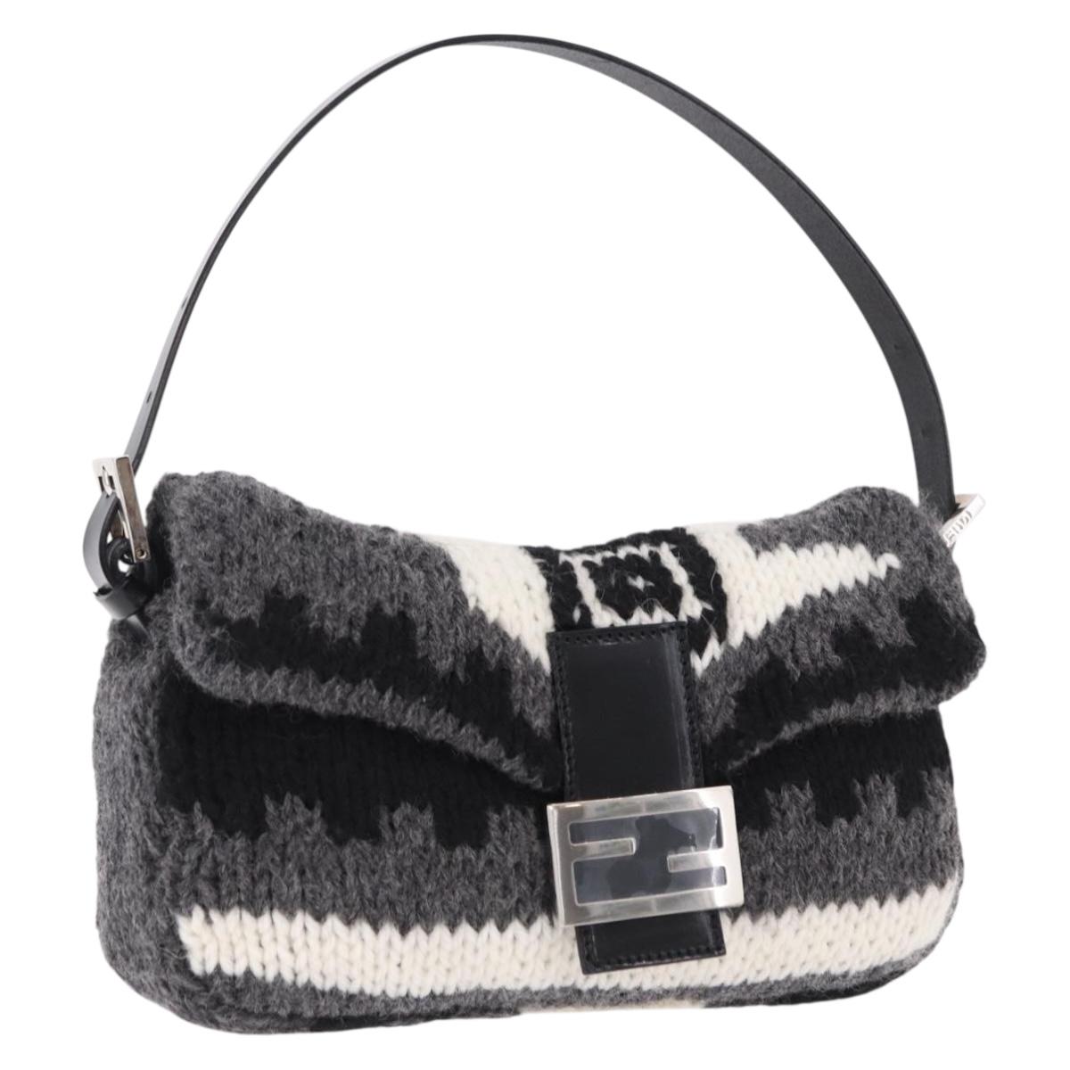 FENDI Mamma Baguette Shoulder Bag Wool Gray Silver Auth am12200SAM