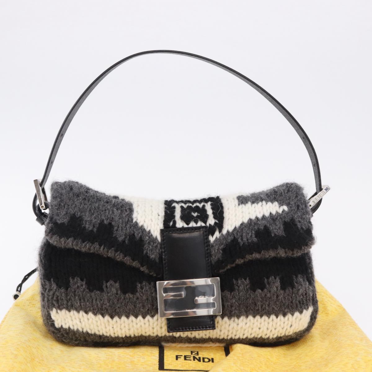 FENDI Mamma Baguette Shoulder Bag Wool Gray Silver Auth am12200SAM