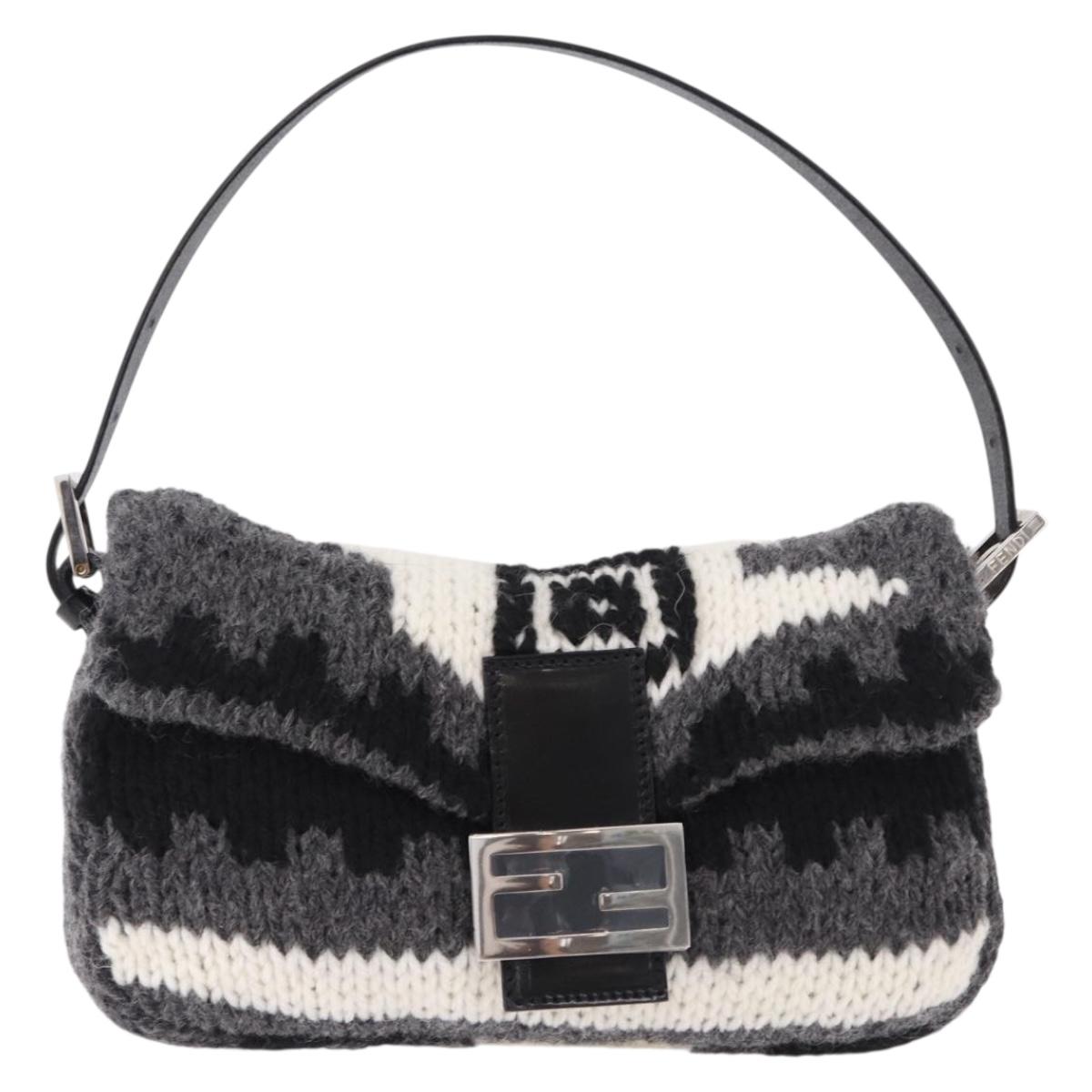 FENDI Mamma Baguette Shoulder Bag Wool Gray Silver Auth am12200SAM