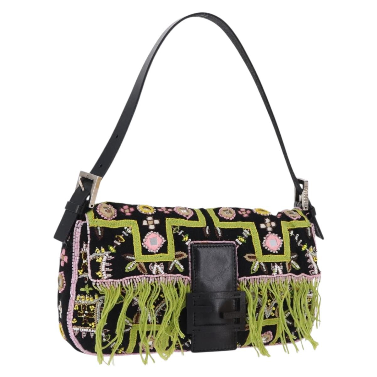 FENDI Beads Fringe Mamma Baguette Bag Canvas Multicolor Silver Auth am12201SAM