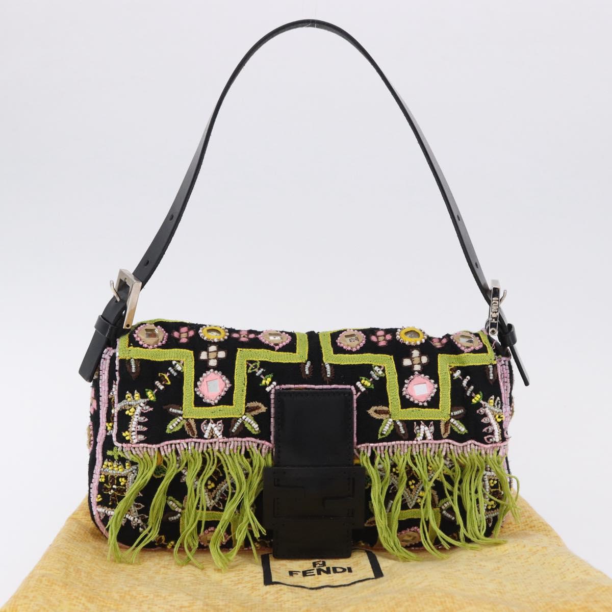 FENDI Beads Fringe Mamma Baguette Bag Canvas Multicolor Silver Auth am12201SAM