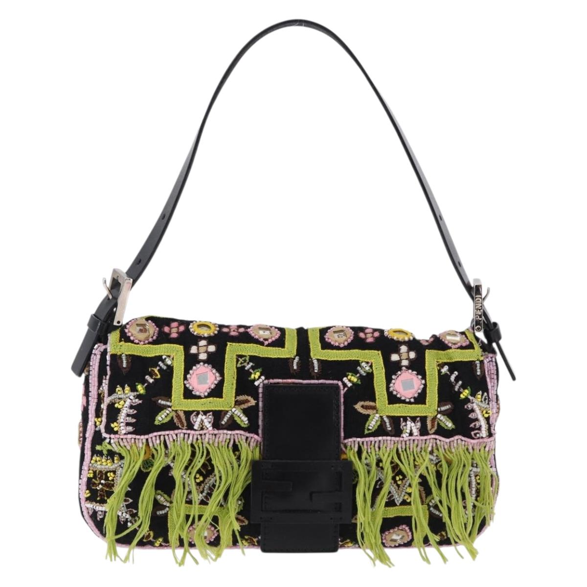 FENDI Beads Fringe Mamma Baguette Bag Canvas Multicolor Silver Auth am12201SAM