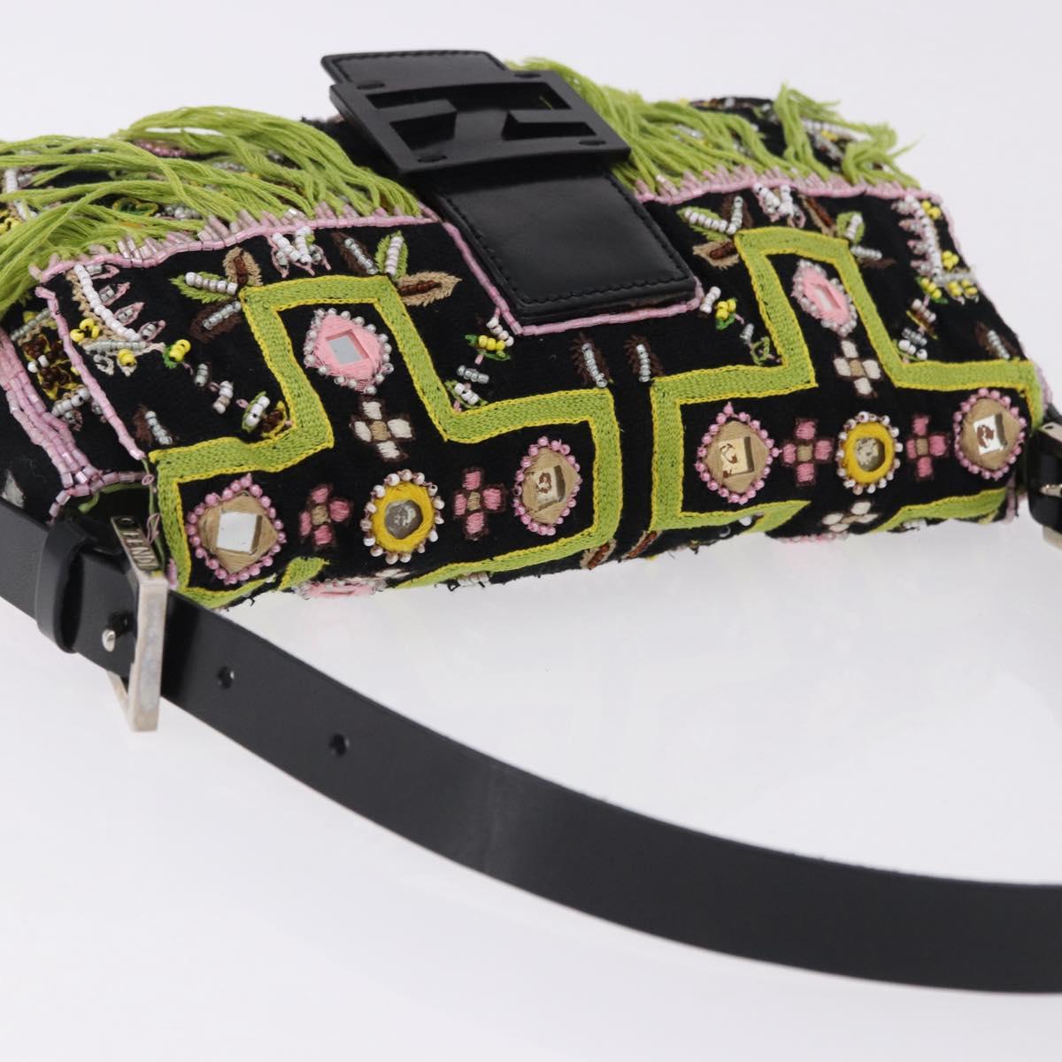 FENDI Beads Fringe Mamma Baguette Bag Canvas Multicolor Silver Auth am12201SAM