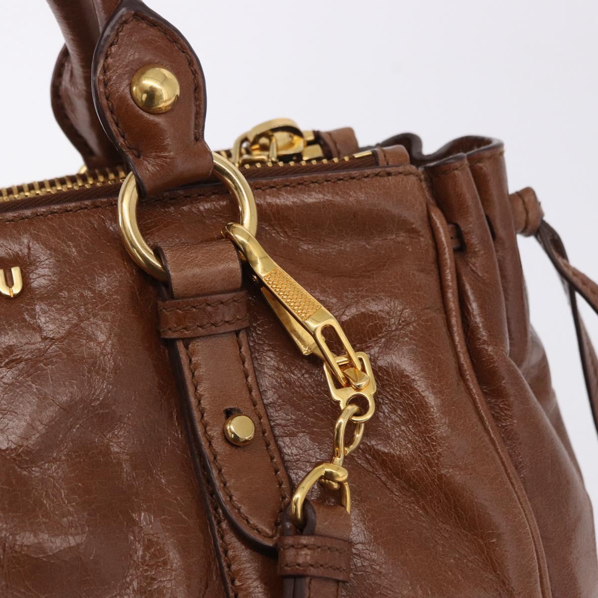 Miu Miu Side Ribbon Hand Bag Leather 2way Brown Gold RN0893 Auth am12206V
