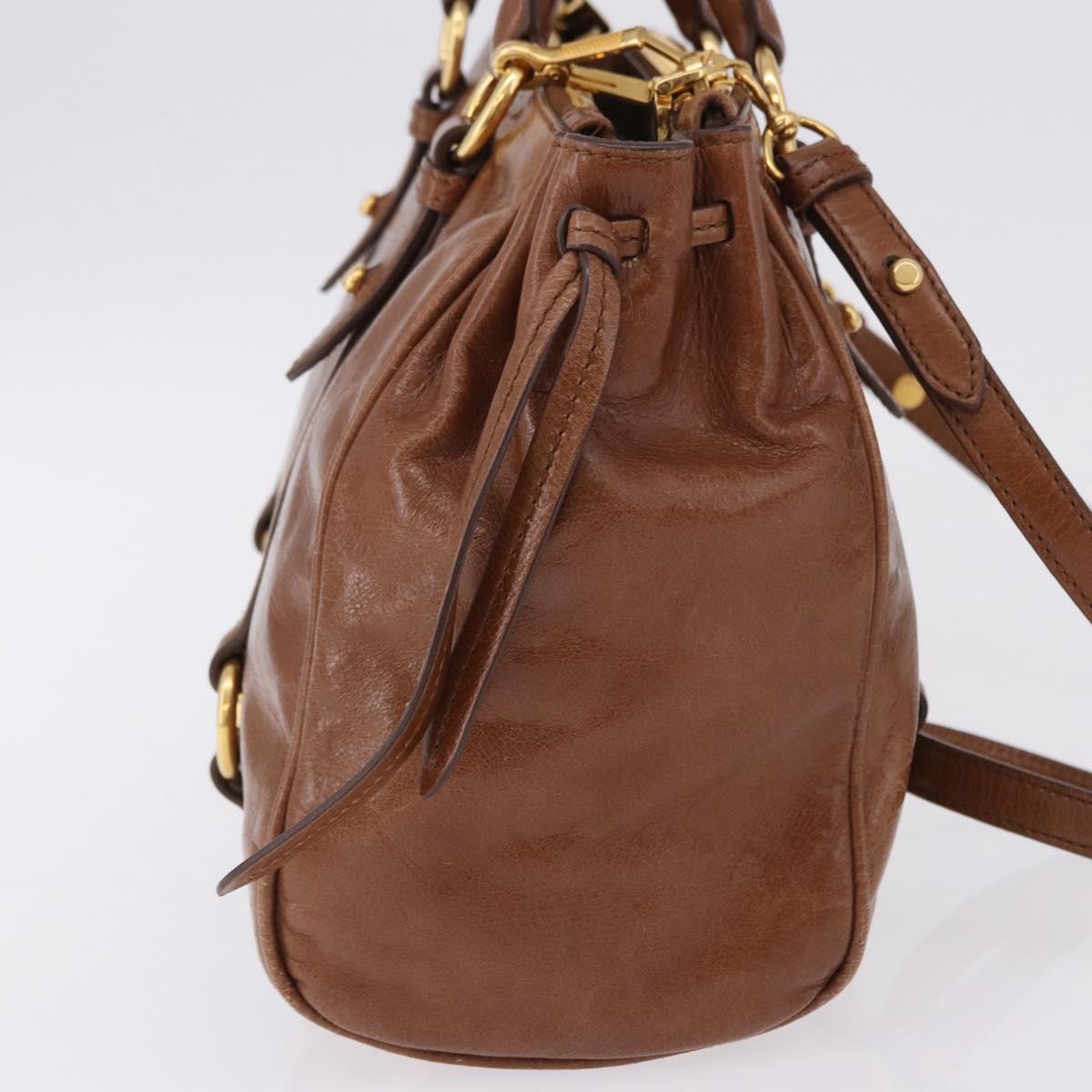 Miu Miu Side Ribbon Hand Bag Leather 2way Brown Gold RN0893 Auth am12206V