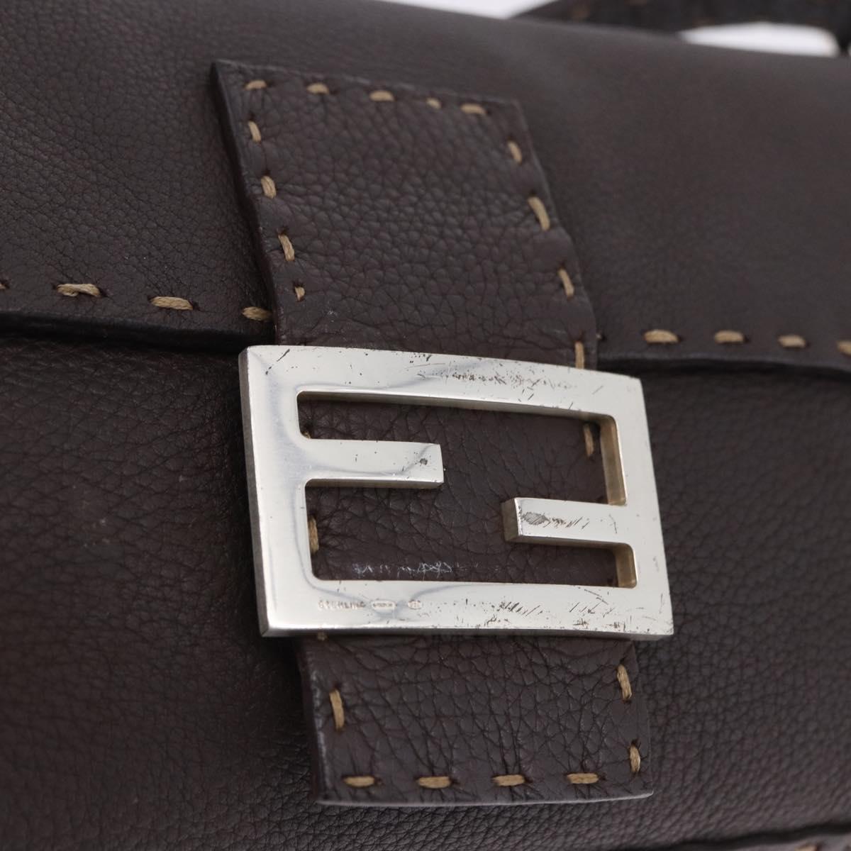 FENDI Selleria Mamma Baguette Bag Leather Dark Brown Silver Auth am12207V