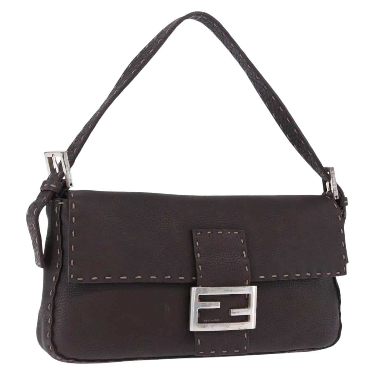 FENDI Selleria Mamma Baguette Bag Leather Dark Brown Silver Auth am12207V