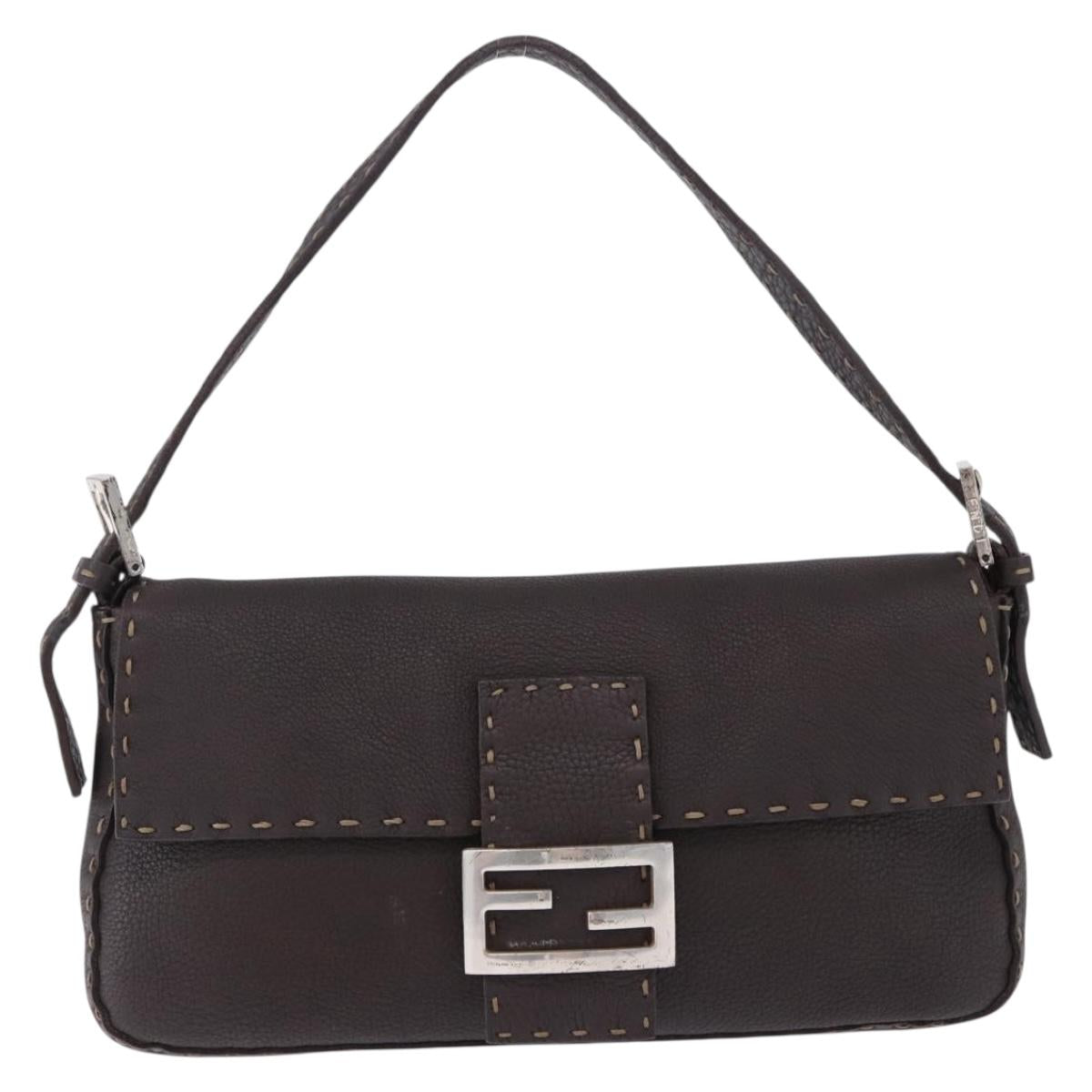 FENDI Selleria Mamma Baguette Bag Leather Dark Brown Silver Auth am12207V