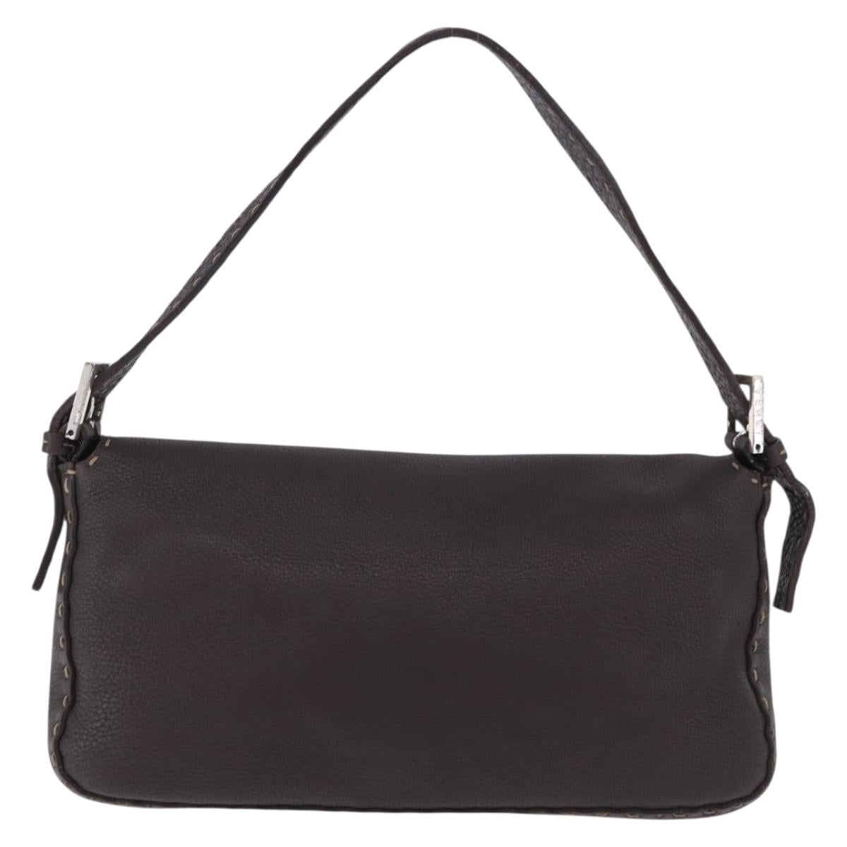 FENDI Selleria Mamma Baguette Bag Leather Dark Brown Silver Auth am12207V