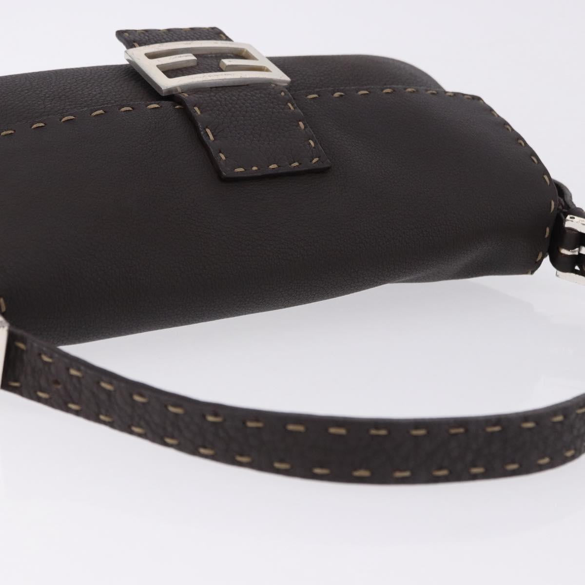 FENDI Selleria Mamma Baguette Bag Leather Dark Brown Silver Auth am12207V