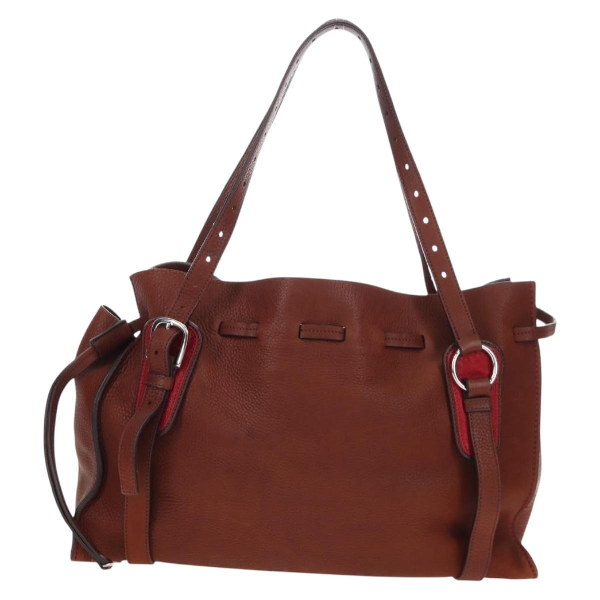 Miu Miu Tote Bag Leather Brown Silver Auth am12225V