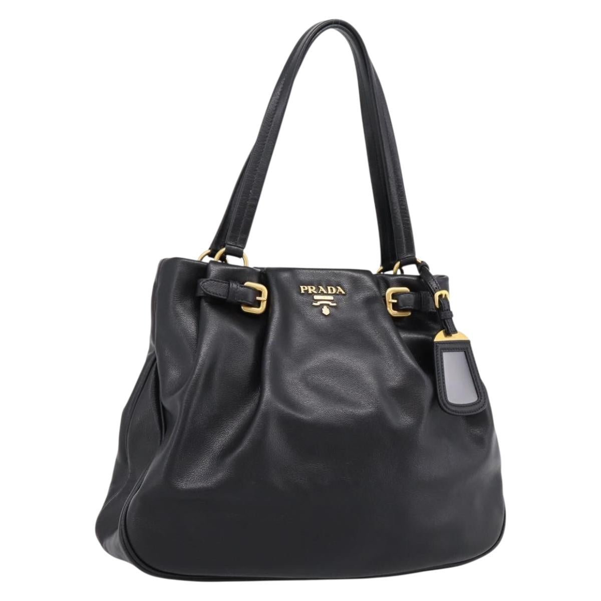 PRADA Tote Bag Calf Skin Black Gold Auth am12245SAM
