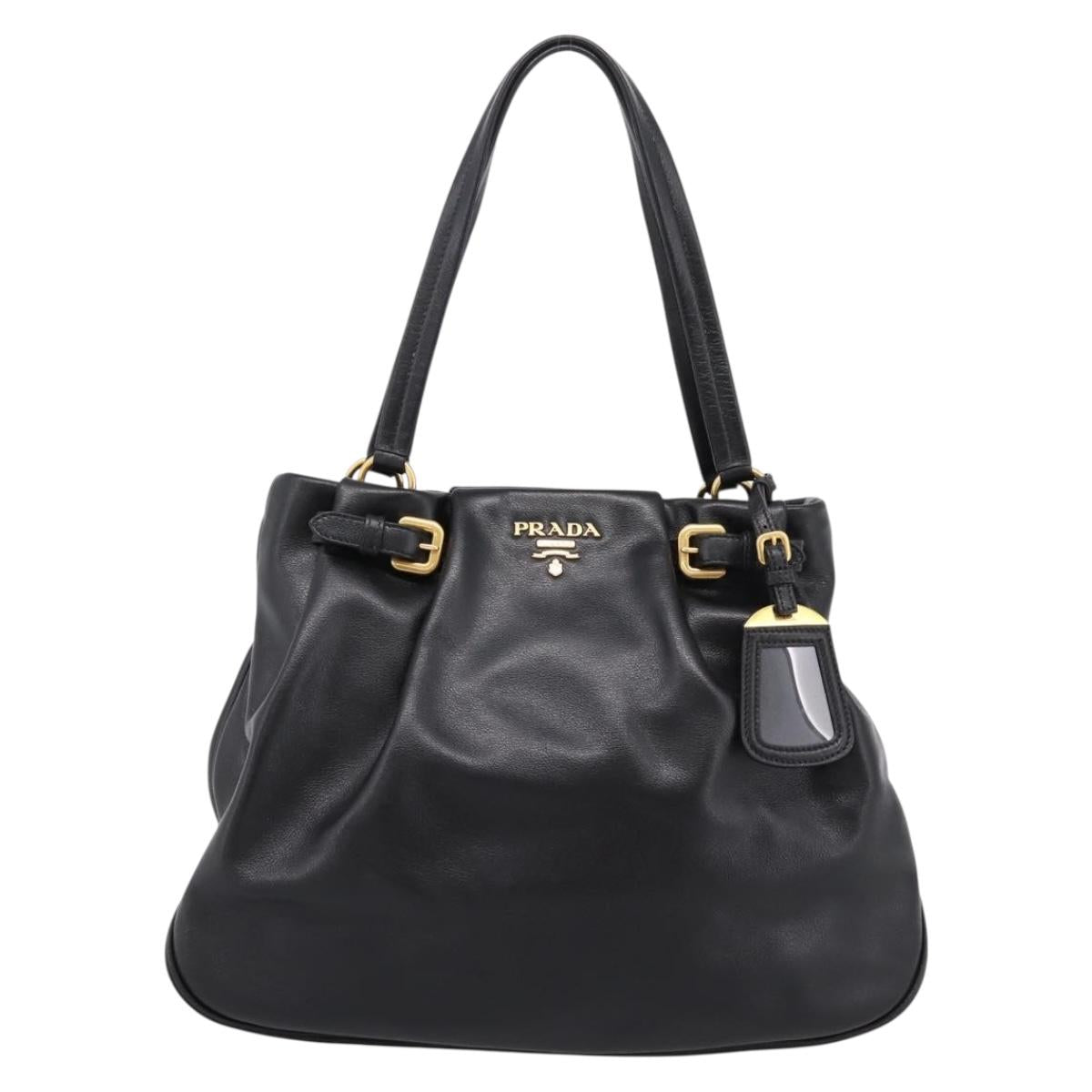 PRADA Tote Bag Calf Skin Black Gold Auth am12245SAM