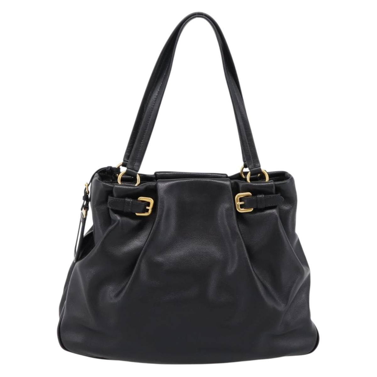 PRADA Tote Bag Calf Skin Black Gold Auth am12245SAM