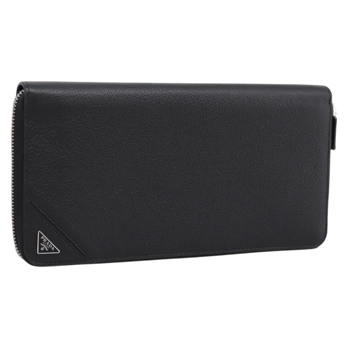 PRADA Organizer Round Long Wallet Leather Black Silver Auth am12253M