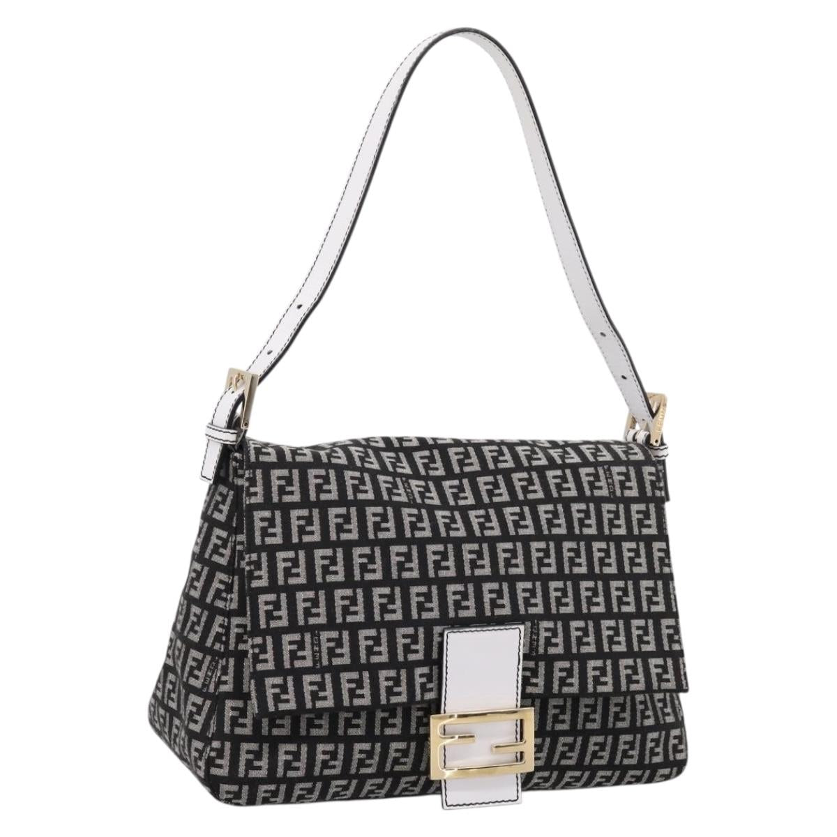 FENDI Zucchino Canvas Mamma Baguette Bag Black Gray Gold Auth am12275SAV