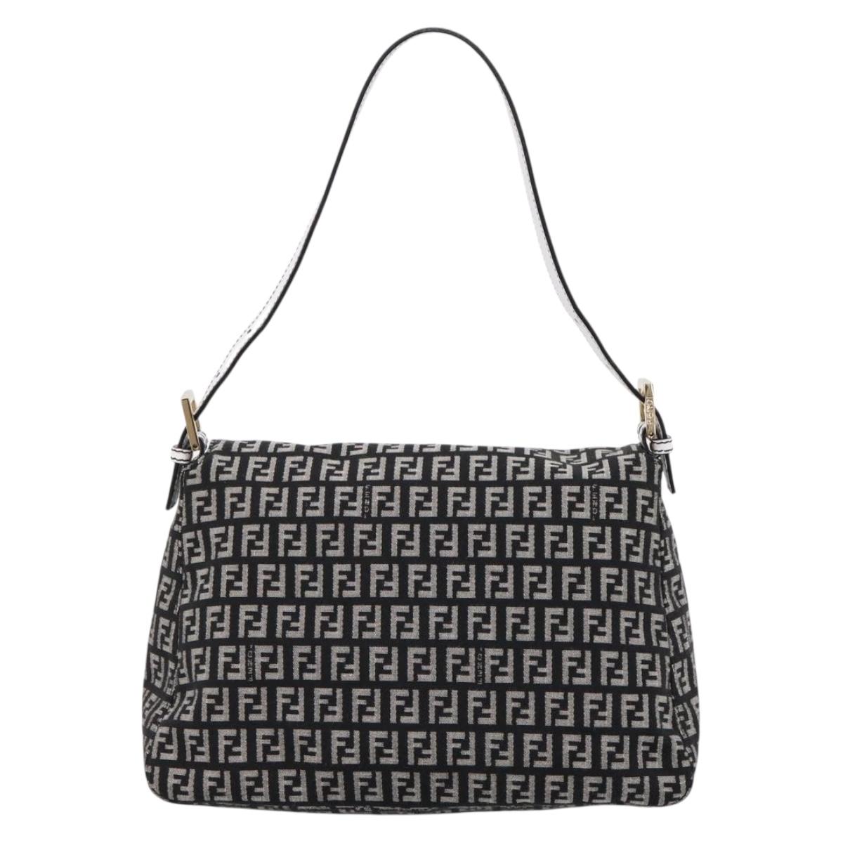 FENDI Zucchino Canvas Mamma Baguette Bag Black Gray Gold Auth am12275SAV